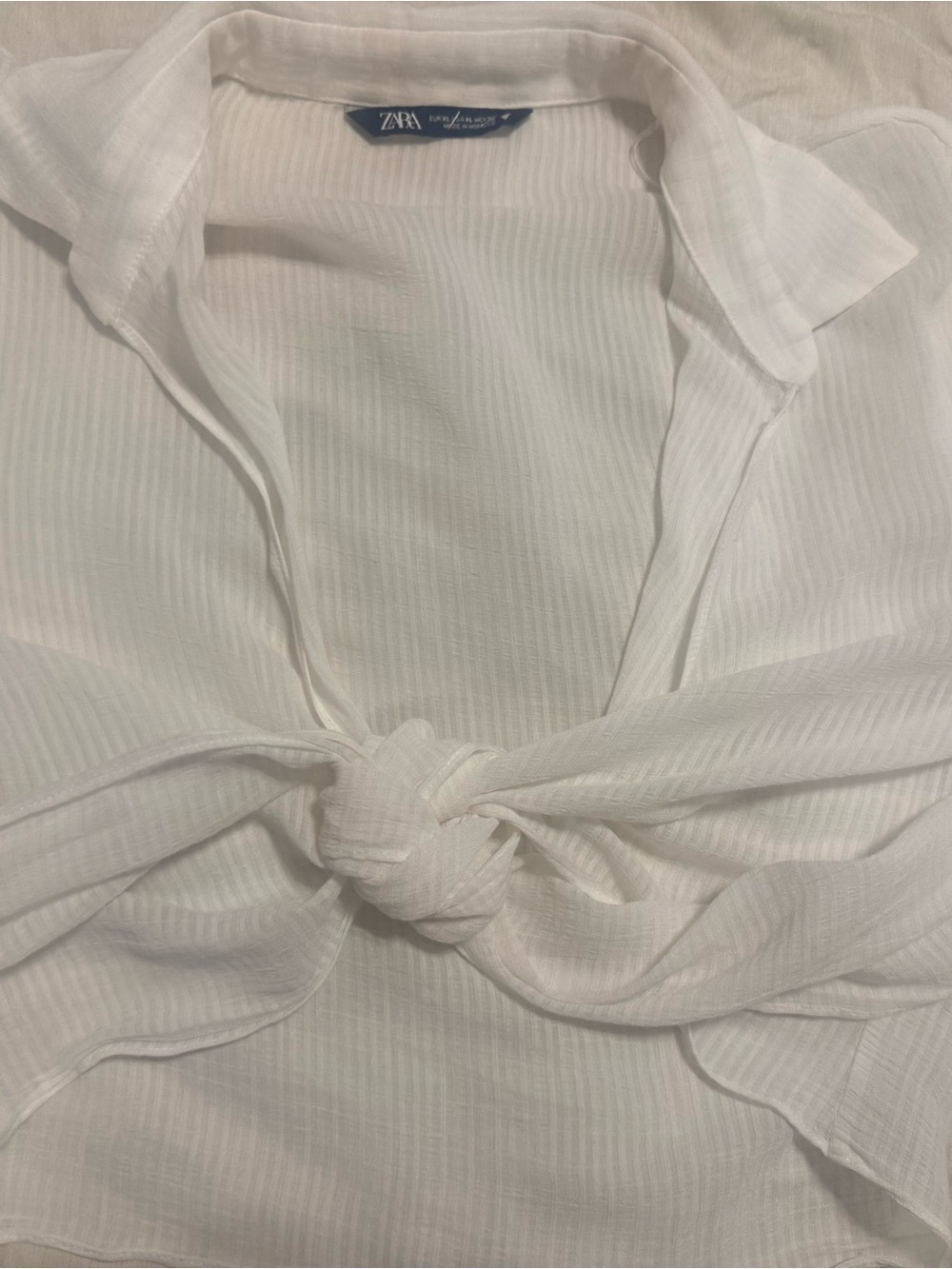 Zara White wrap sheer Knot-Front Collared Blouse-fits S-XL
